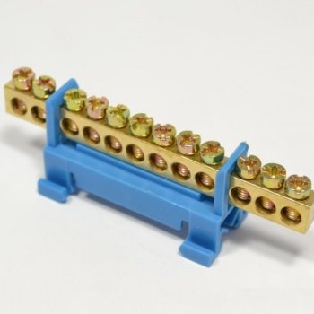 Шина N (ноль) изолятор Стойка на DIN-рейку 6x9мм 14 отверстий латунь синий IEK (10/300)