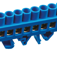 Шина N (ноль) комбинированный изолятор на DIN-рейку 6x9мм 10 отверстий латунь синий Omnyx (20/500)