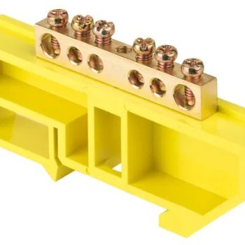 Шина PE (земля) изолятор на DIN-рейку 6x9мм  6 отверстий латунь желтый Omnyx (20/500)