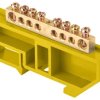 Шина PE (земля) изолятор на DIN-рейку 6x9мм 8 отверстий латунь желтый Omnyx (20/500)