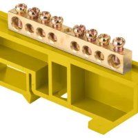 Шина PE (земля) изолятор на DIN-рейку 6x9мм 8 отверстий латунь желтый Omnyx (20/500)