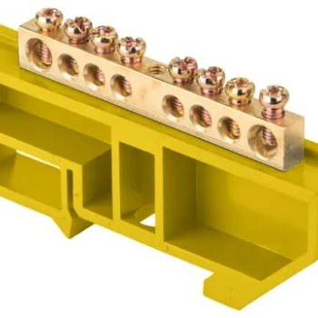 Шина PE (земля) изолятор на DIN-рейку 6x9мм 8 отверстий латунь желтый Omnyx (20/500)