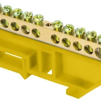 Шина PE (земля) изолятор на DIN-рейку 6x9мм 10 отверстий латунь желтый Omnyx (20/500)