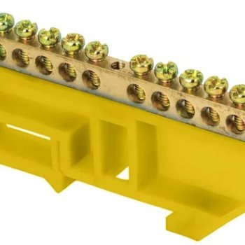 Шина PE (земля) изолятор на DIN-рейку 6x9мм 12 отверстий латунь желтый Omnyx (20/500)