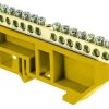 Шина PE (земля) изолятор на DIN-рейку 6x9мм 14 отверстий латунь желтый Omnyx (20/500)
