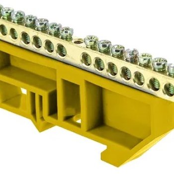 Шина PE (земля) изолятор на DIN-рейку 6x9мм 14 отверстий латунь желтый Omnyx (20/500)