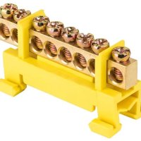 Шина PE (земля) изолятор Стойка на DIN-рейку 6x9мм  8 отверстий латунь желтый Omnyx (20/600)