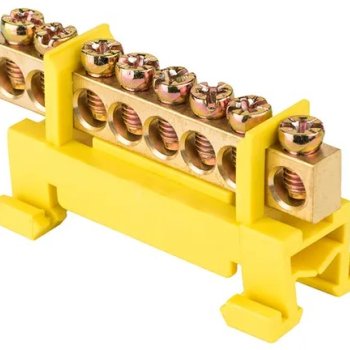 Шина PE (земля) изолятор Стойка на DIN-рейку 6x9мм  8 отверстий латунь желтый Omnyx (20/600)
