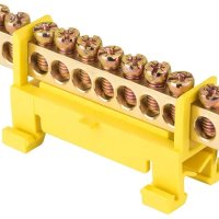 Шина PE (земля) изолятор Стойка на DIN-рейку 6x9мм 10 отверстий латунь желтый Omnyx (20/480)