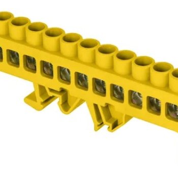 Шина PE (земля) в комбинированном изоляторе на DIN-рейку 8x12мм 12 отверстий латунь желтый Omnyx (20/200)