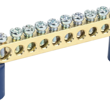 Шина N (ноль) на двух угловых изоляторах 6x9мм 10 отверстий латунь синий IEK (10/500)