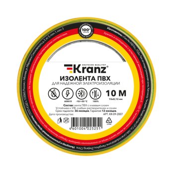 Изолента Kranz 15мм х 10м желто-зеленый (10)
