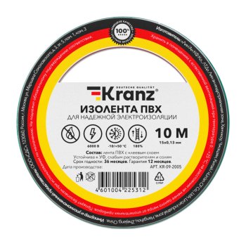 Изолента Kranz 15мм х 10м зеленый (10)