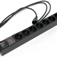 Блок розеток для 19" шкафов, горизонтальный, 8 розеток Schuko, выключатель с подсветкой, кабель питания 2.5м (3х1.0мм2) с вилкой IEC320 C14 10A, 250В, 482.6x44.4x44.4мм (ШхГхВ), корпус алюминий, черный Hyperline