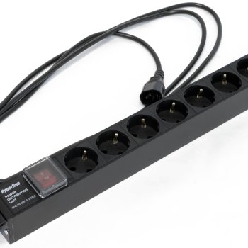 Блок розеток для 19" шкафов, горизонтальный, 8 розеток Schuko, выключатель с подсветкой, кабель питания 2.5м (3х1.0мм2) с вилкой IEC320 C14 10A, 250В, 482.6x44.4x44.4мм (ШхГхВ), корпус алюминий, черный Hyperline