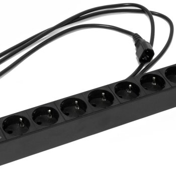 Блок розеток для 19" шкафов, горизонтальный, 9 розеток Schuko, 10A, кабель питания 2.5м (3х1.0мм2) с вилкой IEC320 C14, 482.6x44.4x44.4мм (ШхГхВ), корпус алюминий, черный Hyperline