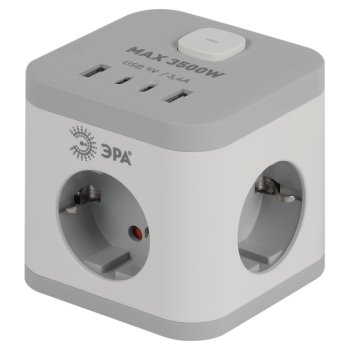 Удлинитель  3гнезда  1.5м с/з выключатель ПВС 3500Вт 3x0.75мм² 4xUSB (2xA+2xC) белый куб Эра