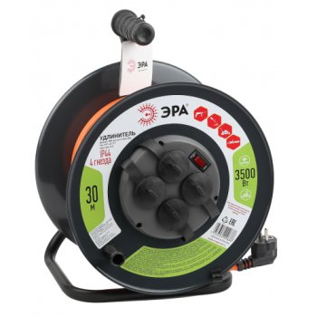 Удлинитель-катушка 4гн 30м с/з выкл ПВС 3500Вт 3x1.5мм² IP44 металл Эра (2)