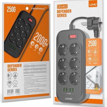 Сет фильтр LDNIO SE6403 6гн+USBx4(max 3.4A 17Вт) 2м 2500Вт черный/серый (1/30)