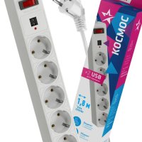 Сетевой фильтр Космос 5гнёзд 1.8м 2хUSB/2.1A ПВС 2200Вт 3x0.75мм² белый (20)