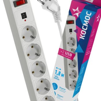 Сетевой фильтр Космос 5гнёзд 1.8м 2хUSB/2.1A ПВС 2200Вт 3x0.75мм² белый (20)