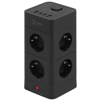 Сетевой фильтр Эра TWR 8гнёзд+4гнезда USB (2xA+2xC) 1.5м 3x0.75мм² 3500Вт черный башня