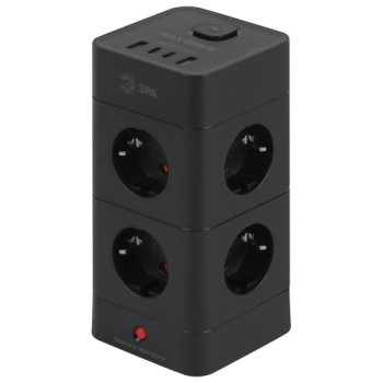 Сетевой фильтр Эра TWR 8гнёзд+4гнезда USB (2xA+2xC) 1.5м 3x0.75мм² 3500Вт черный башня