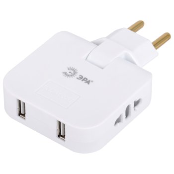 Адаптер Эра 10А б/з 2гн*220V + 2гн USB 10А плоский белый поворотный