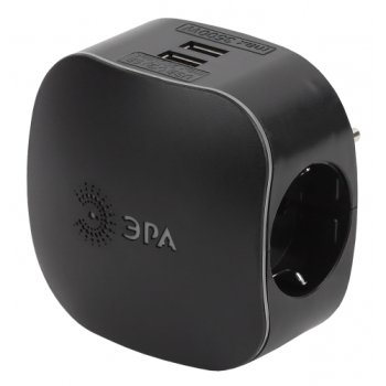 Тройник Эра 16A с/з + 2гн USB 2100mA черный (6/36)
