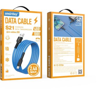 Кабель USB-microB 1м SmartBuy S21 2.4A силиконовый синий коробка (1/50)