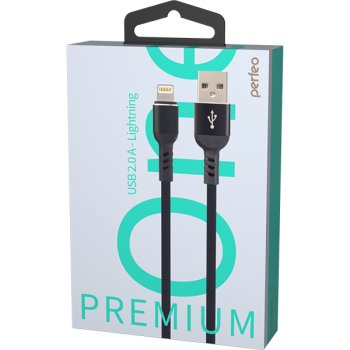 Кабель USB-iPhone8pin  1м Perfeo Premium металлические коннекторы черный коробка (1/30)