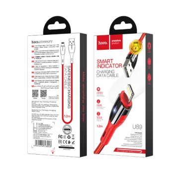 Кабель USB-iPhone8pin 1.2м Hoco U89 2.4A, индикатор, нейлон, красный, коробка (1/22/220)