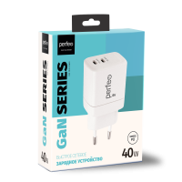 Адаптер 220В TypeCx2 PD Perfeo 4662 40Вт GaN быстрая зарядка белый коробка