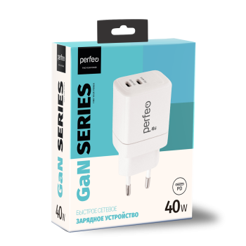 Адаптер 220В TypeCx2 PD Perfeo 4662 40Вт GaN быстрая зарядка белый коробка