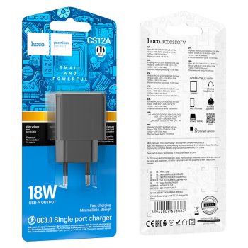 Адаптер 220В USB QC3.0 Hoco CS12A 3A 18Вт чёрный (1/28/168)