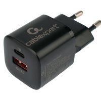 Адаптер 220В USB+TypeC Cablexpert PC-47 20Вт, быстрая зарядка, QC3.0/PD чёрный, пакет (1/200)
