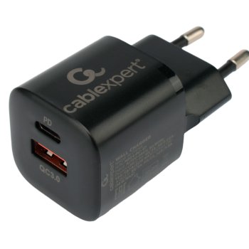 Адаптер 220В USB+TypeC Cablexpert PC-47 20Вт, быстрая зарядка, QC3.0/PD чёрный, пакет (1/200)