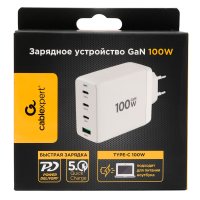 Адаптер 220В USB+TypeCx3 QC5.0/PD Cablexpert PC-66, 5A, 100Вт GaN, белый, коробка (1/54)