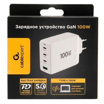 Адаптер 220В USB+TypeCx3 QC5.0/PD Cablexpert PC-66, 5A, 100Вт GaN, белый, коробка (1/54)