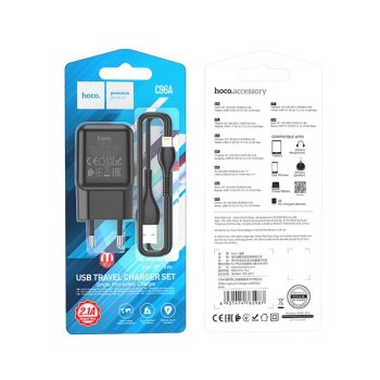 Зарядное устройство 220В USB-iPhone8pin Hoco C96A 2.1A 10.5Вт чёрный (1/27/162)