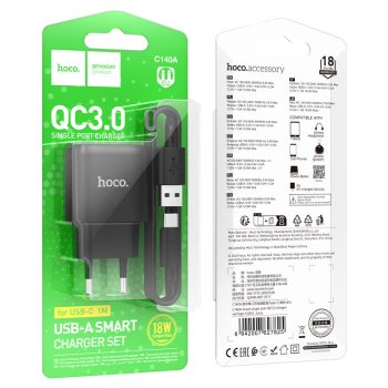 Зарядное устройство 220В USB-TypeC QC3.0 Hoco C140A 3A 18Вт чёрный (1/28/168)