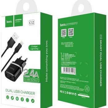 Зарядное устройство 220В USBx2-iPhone8pin Hoco C12 2.4A 12Вт чёрный (1/10/100)