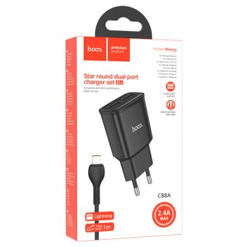 Зарядное устройство 220В USBx2-iPhone8pin Hoco C88A 2.4A 12Вт чёрный (1/12/120)