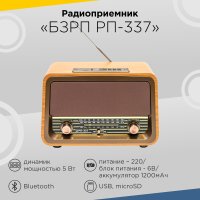 Радио БЗРП РП-337 (220В/6В, УКВ/СВ/КВ/USB/SD/BT) аккумулятор 1200 мАч, 5Вт, ретро стиль (1/8)