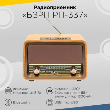 Радио БЗРП РП-337 (220В/6В, УКВ/СВ/КВ/USB/SD/BT) аккумулятор 1200 мАч, 5Вт, ретро стиль (1/8)