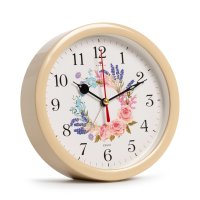 Будильник Рубин круглый 15,3*15,3см "Цветочный узор" корпус бежевый кварцевый механизм (1/20)