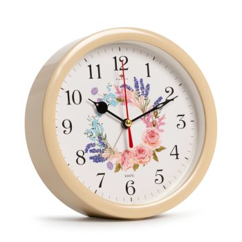 Будильник Рубин круглый 15,3*15,3см "Цветочный узор" корпус бежевый кварцевый механизм (1/20)