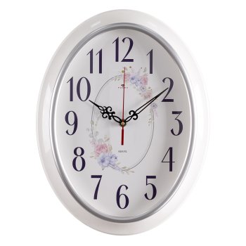 Часы настенные овал пластик 29,5х38,5 Букет корпус белый с серебром Рубин (1/10)