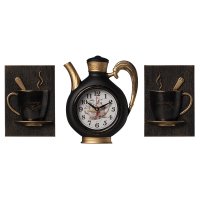 Часы настенные чайник пластик 26,5*24 + 2 чашки Joy корпус чёрный с медью Рубин (1/5)