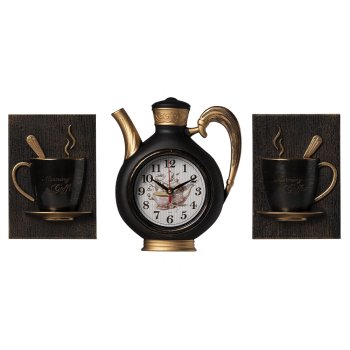 Часы настенные чайник пластик 26,5*24 + 2 чашки Joy корпус чёрный с медью Рубин (1/5)